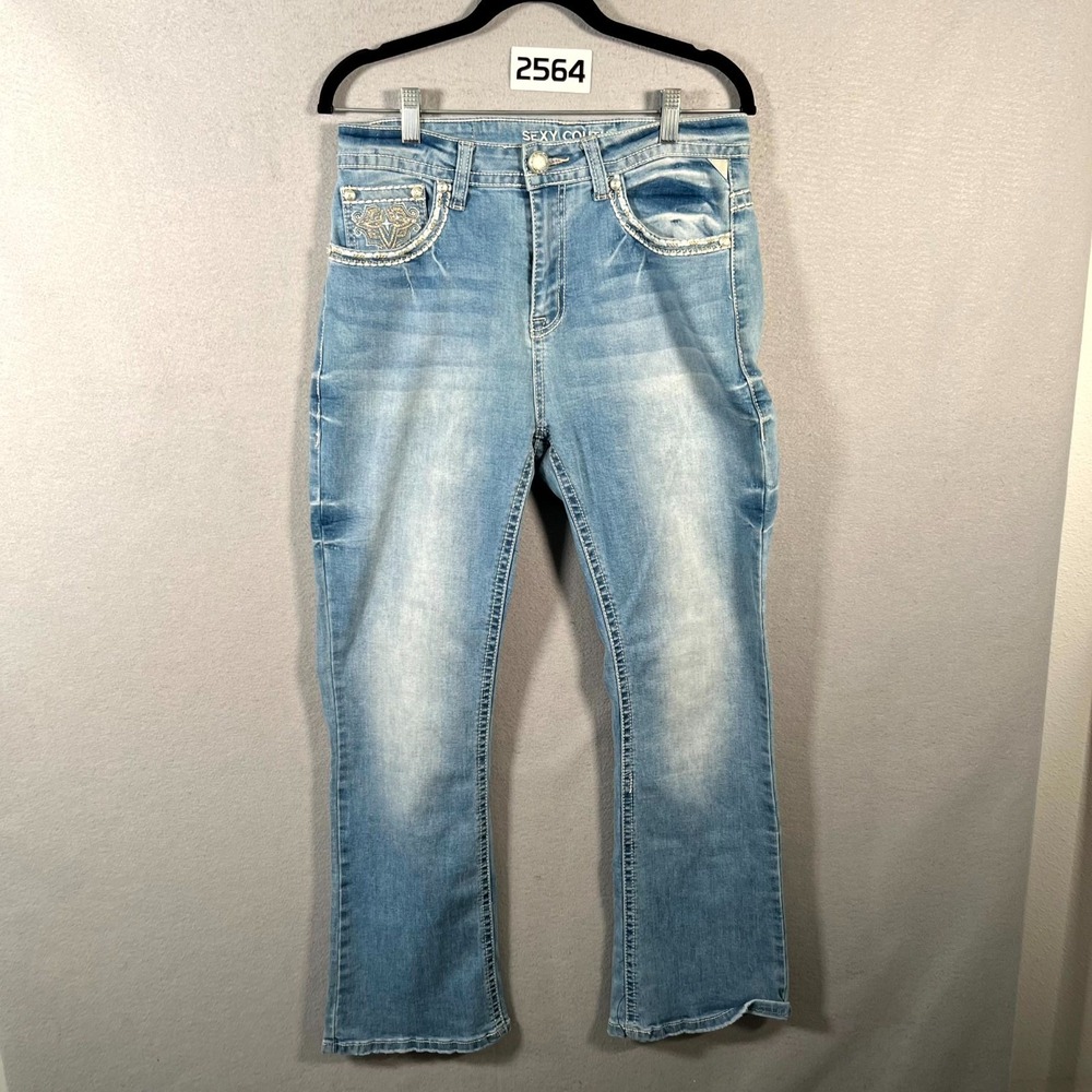 Sexy Couture Jeans Womens 11 Blue Denim Light Wash Rhinestone Bootcut Whiskers